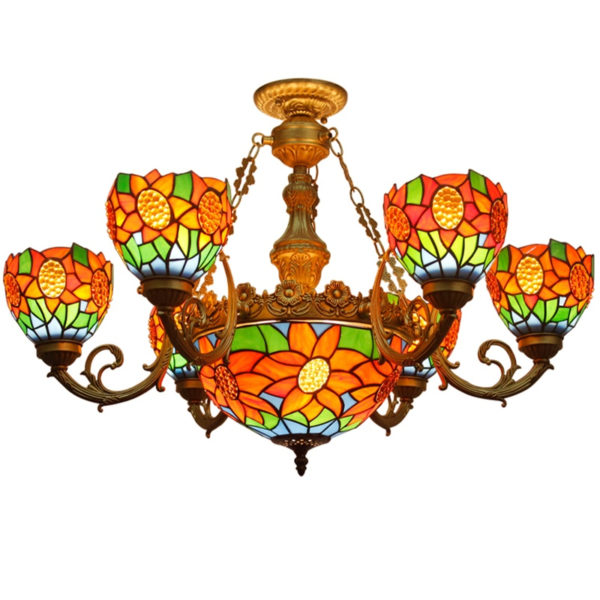 Handcrafted Sunflower Stained Glass Shade Tiffany Chandelier
