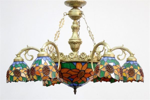 Handcrafted Sunflower Stained Glass Shade Tiffany Chandelier