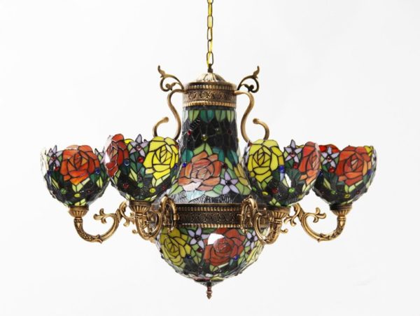 Vintage Stained Glass Tiffany Rose Flower Chandelier